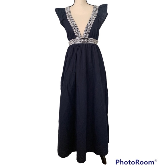 J. Crew Linen Embroidered Navy Maxi Dress with Cross Strap Back *EUC* - Picture 2 of 7